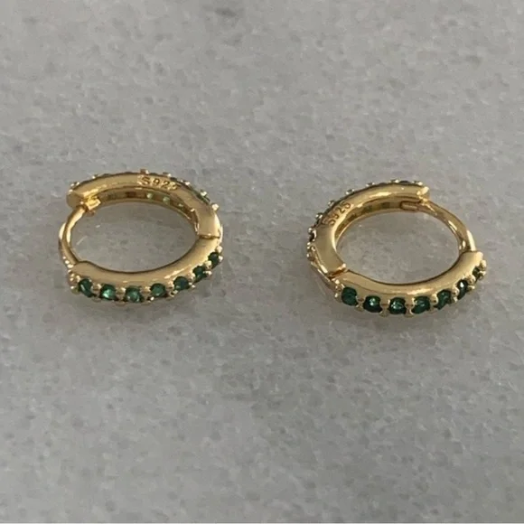 Gold Green Crystal Huggie Hoop Earrings - Picture 2 of 5